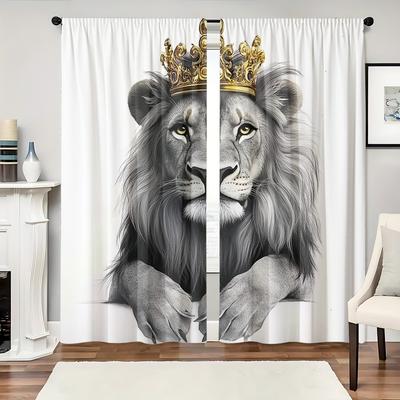 2pcs Polyester Material HD Digital Black and White Crown Lion Pattern Print Light Filtering Curtain Suitable for Bedroom