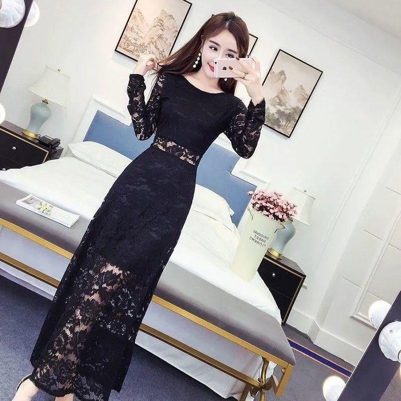 Elegant Women s Lace Dress - Spring/Autumn 2025 Slim A-line Plus Size Nightclub Style 2XL чёрный