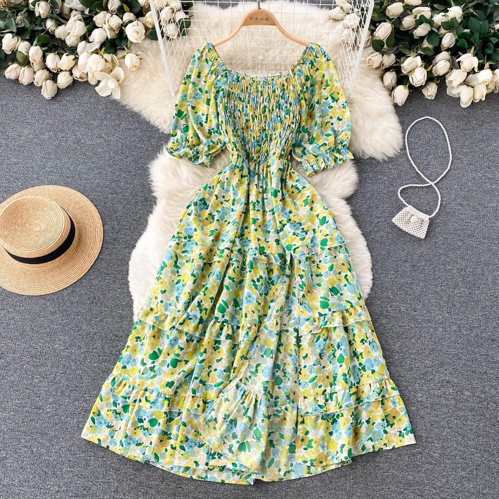 Women's Chic Sweet Slim Square Neck Bubble Sleeve Floral Dress Super Fairy Temperament A-line Dress