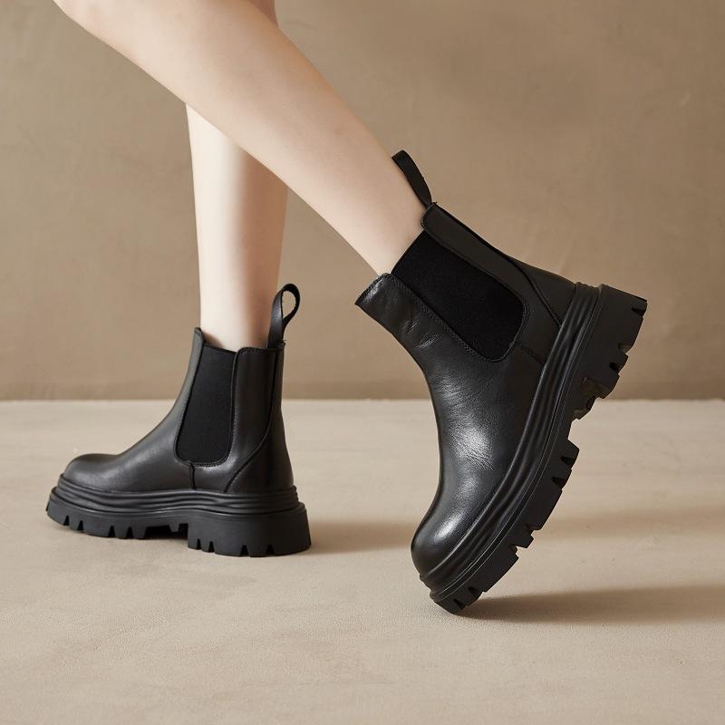 Short Boots Women's Leather Thick-soled Ins Cigarette Boots Chelsea Women's New Year-old High and Thin Martin Short Boots