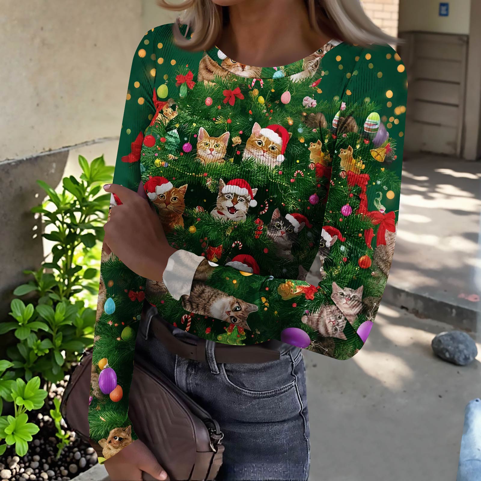 

Женская футболка с облегающим низом, модная повседневная с градиентным принтом, пуловер с круглым вырезом и длинными рукавами XXL зелёный