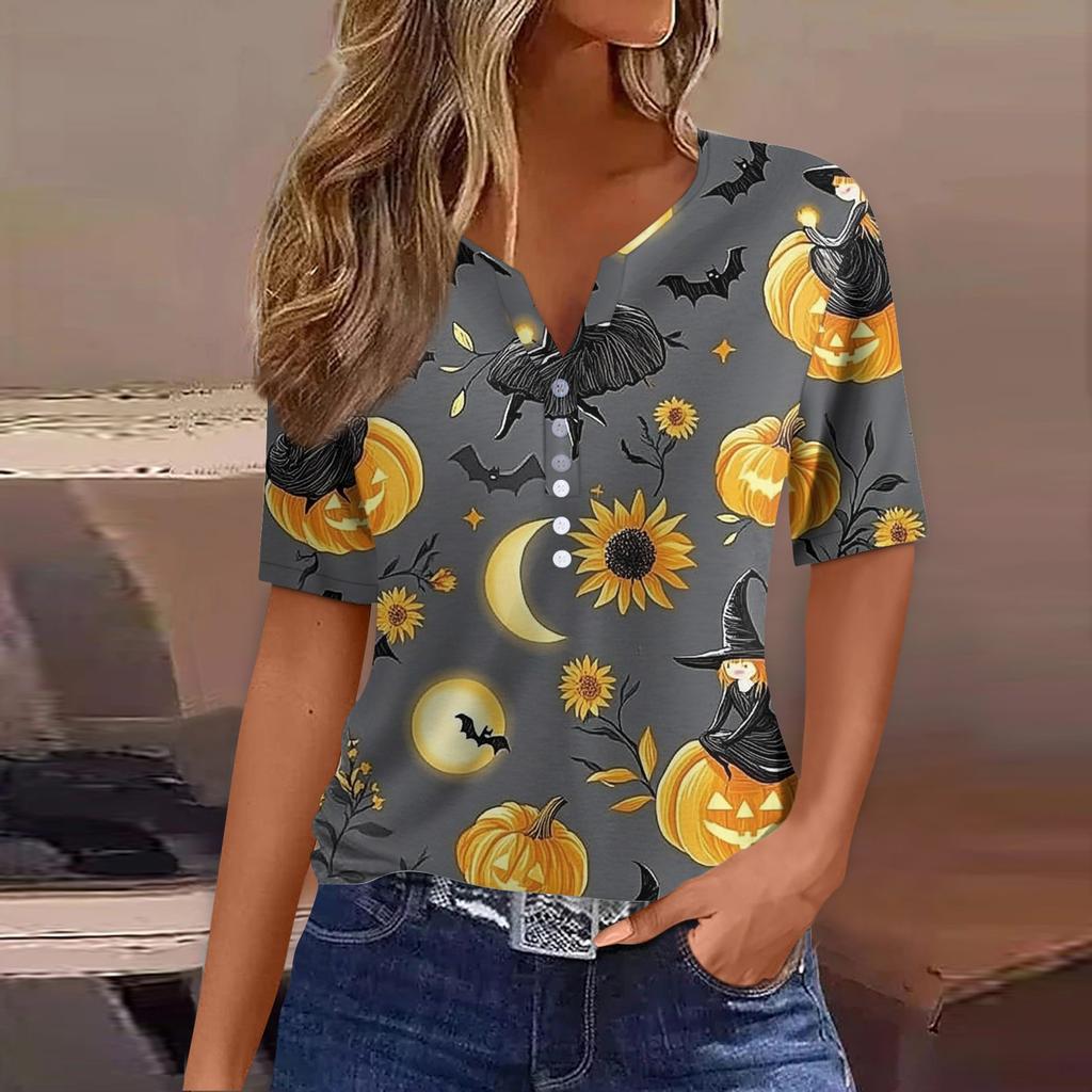 Women's T Shirt Tee Halloween Printed Button Short Sleeve Tunic Daily Weekend Fashion Basic V- Neck Regular Top