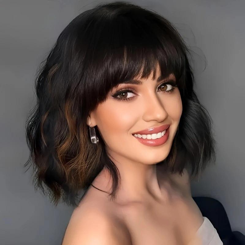 

Synthetic Hair Long Wavy Wigs with Bangs Mixed Brown Wigs for Women Heat Resistant Fiber Natural Wigs for Mother Daily