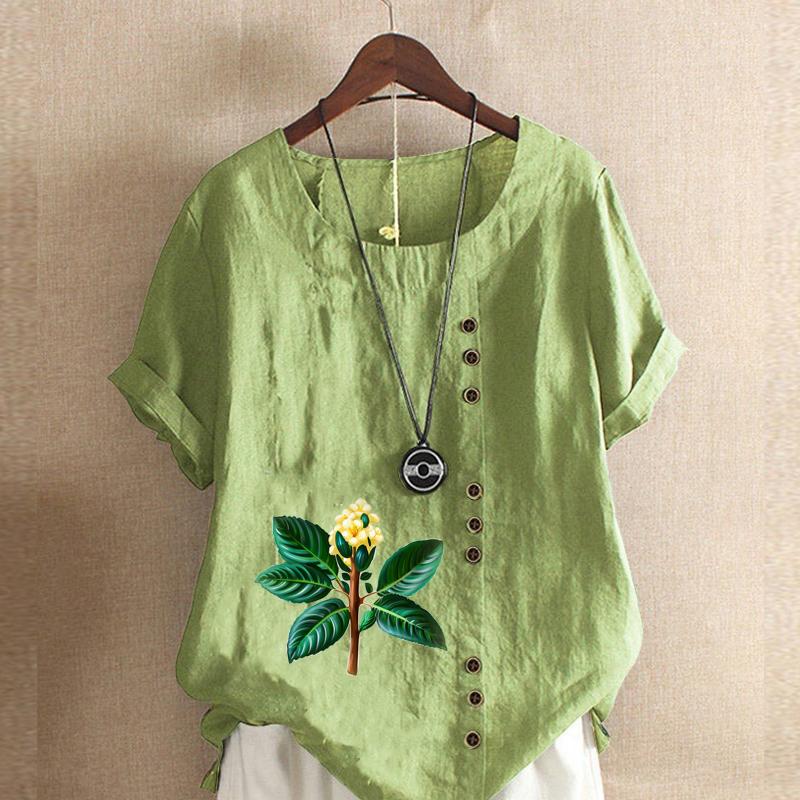 

Женская модная футболка с круглым вырезом и коротким рукавом с принтом листьев, повседневная рубашка из хлопка и льна с рисунком, свободная летняя блузка, топы больших размеров 5XL зелёный