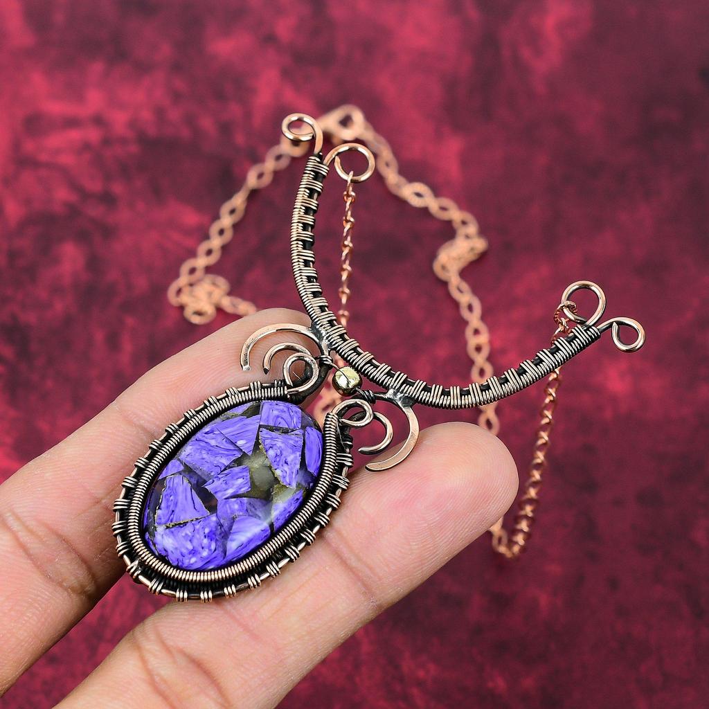 Copper Charoite Necklace Copper Wire Wrapped Necklace Adjustable Chain Necklace Handmade Copper Jewelry Gifts For Mom Latest Design Necklace