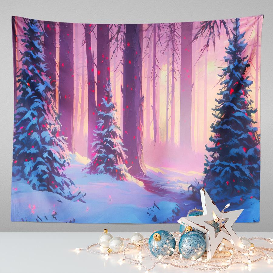 Amazon Festive Hanging Cloth Christmas Background Cloth Printed Cartoon Christmas Tree Snowman Tapestry