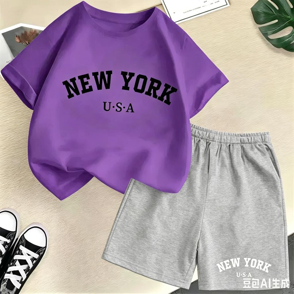 2026 New Kids Boys Girls New York Letter Pattern Polyester T-shirt+Shorts 2-Piece Set Casual Daily