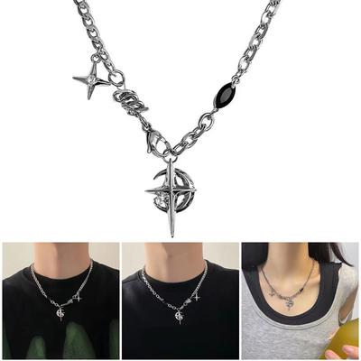 Stylish Black Gemstones and Star Pendant Necklace Craft from Sturdy Steel Decoration for Everyday Elegant Charm