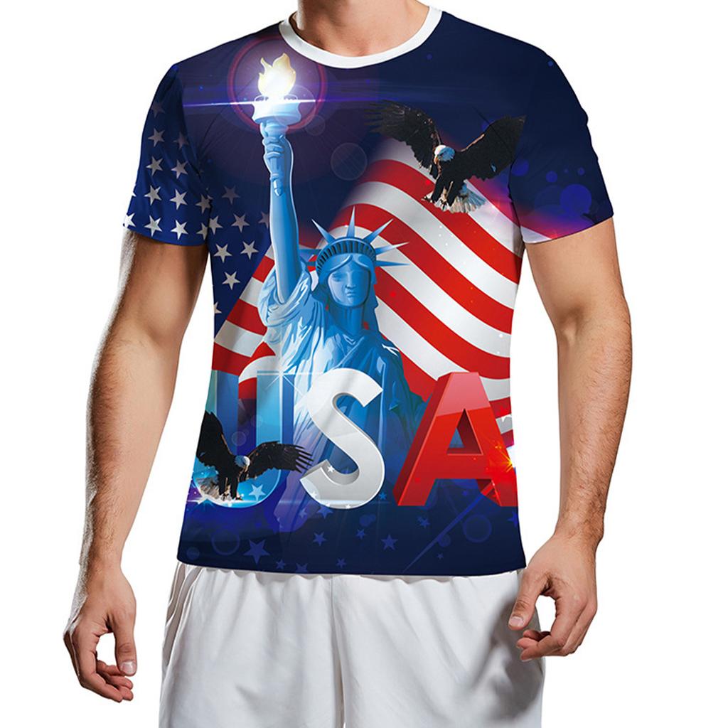 Summer Round Neck 3D American Flag and Eagle Graphic Print Top Fashionable Casual Short Sleeved Men's T-shirts