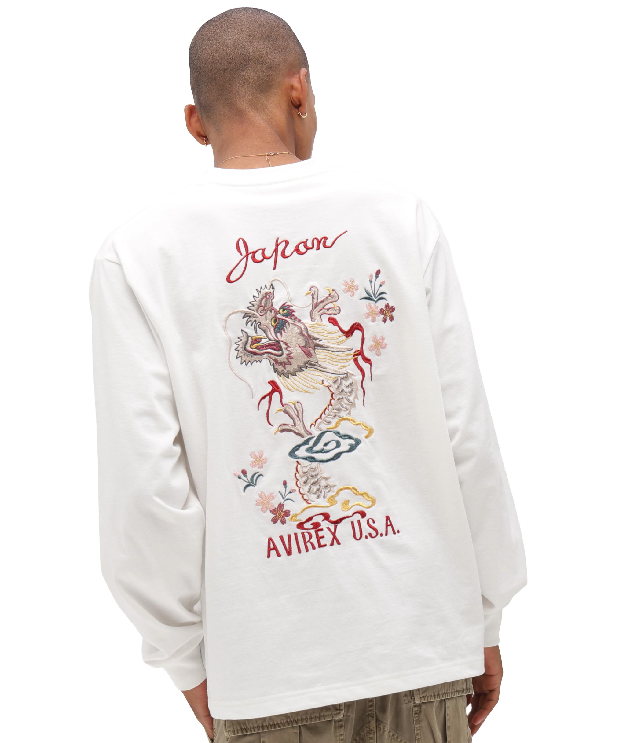 Avirex SOUVENIR CHERRY Souvenir Long Sleeve Dragon Cherry Size L/S T-SHIRT  DRAGON & BLOSSOMS  T-Shirt, & Blossom, Men s, M, 030, White, 783-6130004