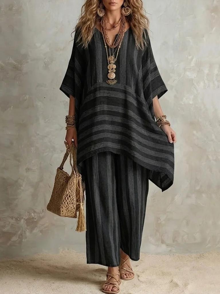 Dames gestreept print V-hals top met halve mouwen en wijde broek tweedelig set casual losse pasvorm zomeroutfit