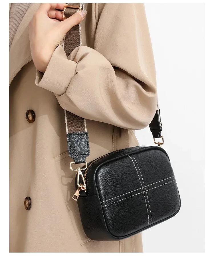 

Fashi Cowhide Cell Phe Shoulder Bag Brand design Genuine Leather women Messenger Bags Wide Strap Daily Use Wallet HandBags 20x14.5x7cm чёрный