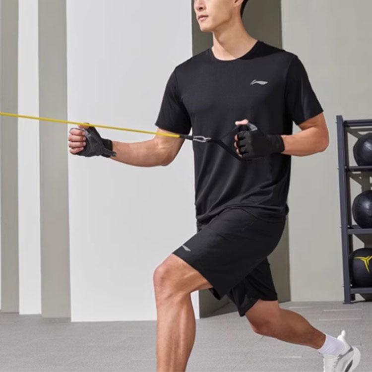 Li Ning Solid Color Round Neck Pullover Short Sleeve T-Shirt And Mid Waist Shorts Casual Sports Set Men Sets Black YATU077-4