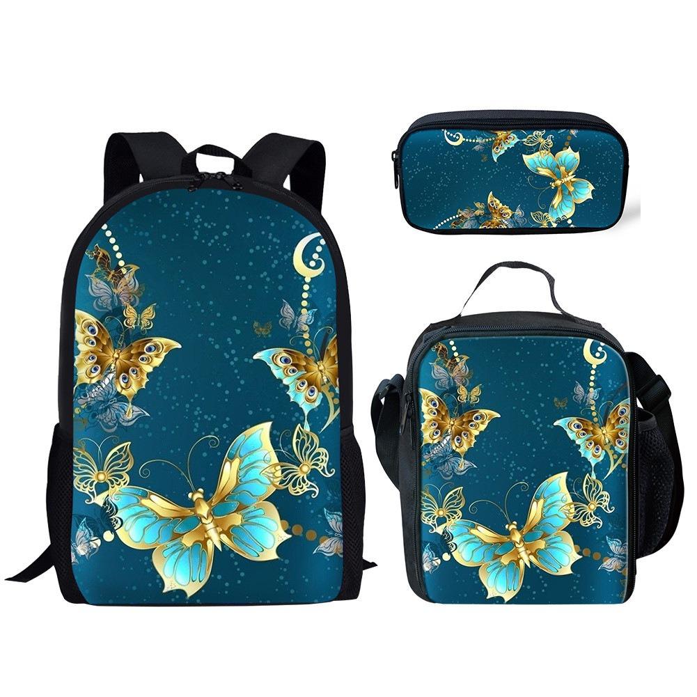 Trendig Beliebt Neuheit Lustig Schmetterling 3D-Druck 3 Stück/Set Schüler Schultaschen Laptop Tagesrucksack Rucksack Lunchtasche Federmäppchen