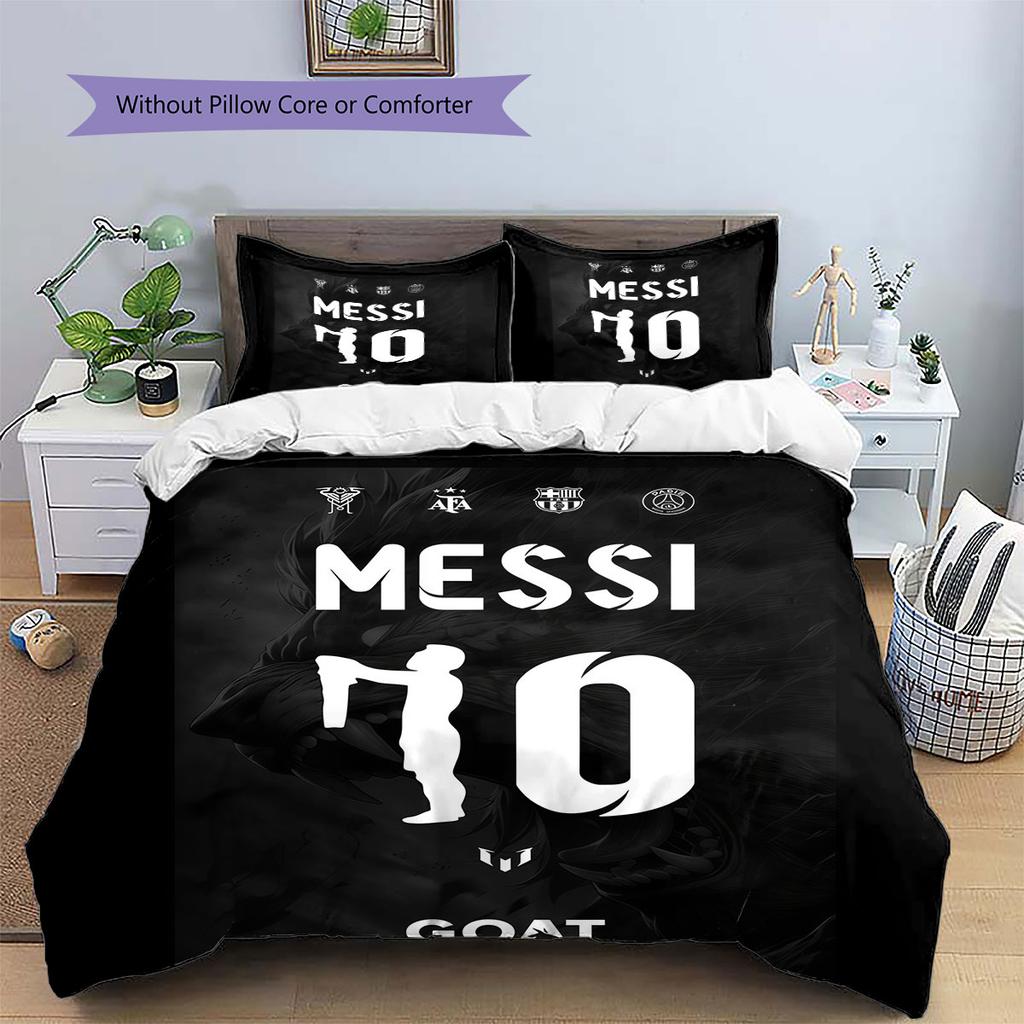 Lenjerie de pat cu model Lionel Messi Decorațiuni pentru casă Cadou de ziua de naștere (1 * husă de pilotă + 2 * fețe de pernă, fără miez),merchandise pentru fani.