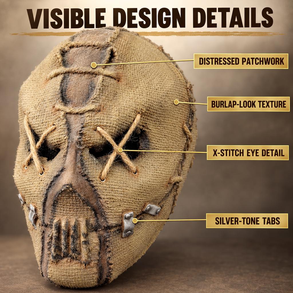 Burlap-Look Skull Mask Full Head Scarecrow Costume Mask with X-Stitch Eye Details for Halloween Party Cosplay