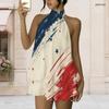 Women Plus Size Halter Neck Sleeveless Printed Layered Faux Two Piece Mini Dress