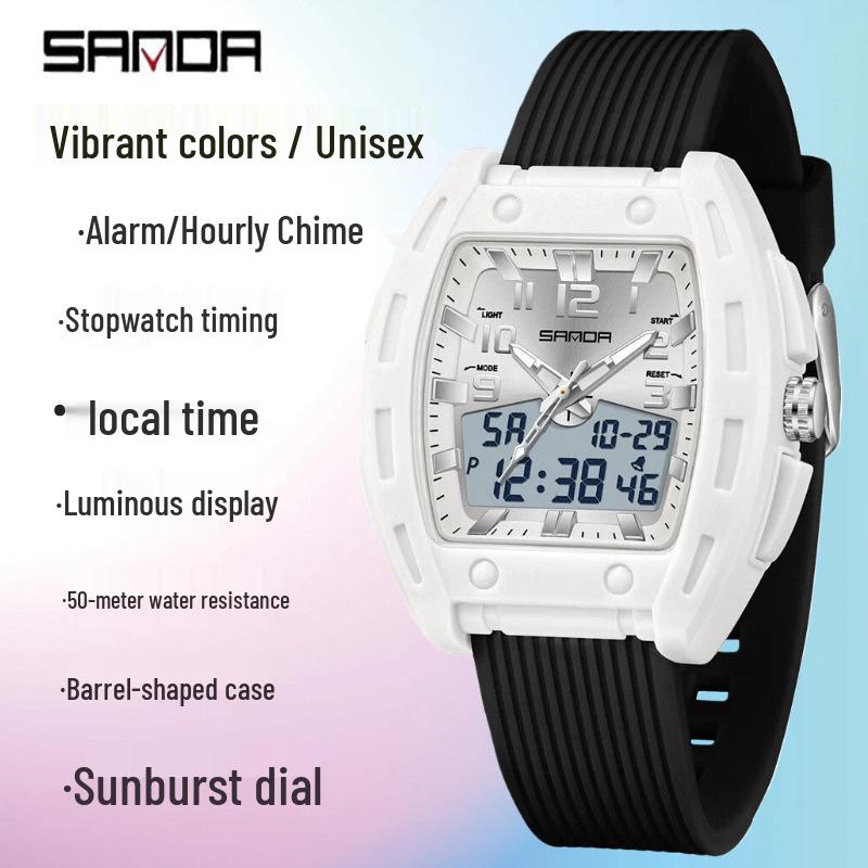 SANDA Men's Waterproof Luminous Sports Watch - Countdown & Multifunctional Barrel-Shaped Electronic Watch with Large Dial