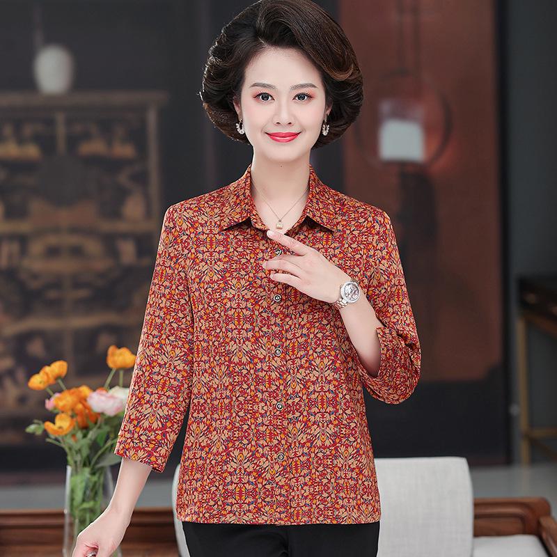 

Elegant Floral Mulberry Silk Shirt for Women - Loose Fit, Versatile Three-Quarter Sleeves for Middle-Aged and Elderly L (80-100 lbs) червоний