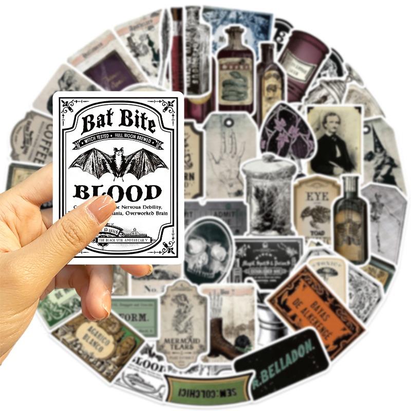 50 Pieces of Retro Medicine Bottle Label Cartoon Stickers for Decorating DIY Waterproof PVC Stickers for Mobile Phones and Guitars