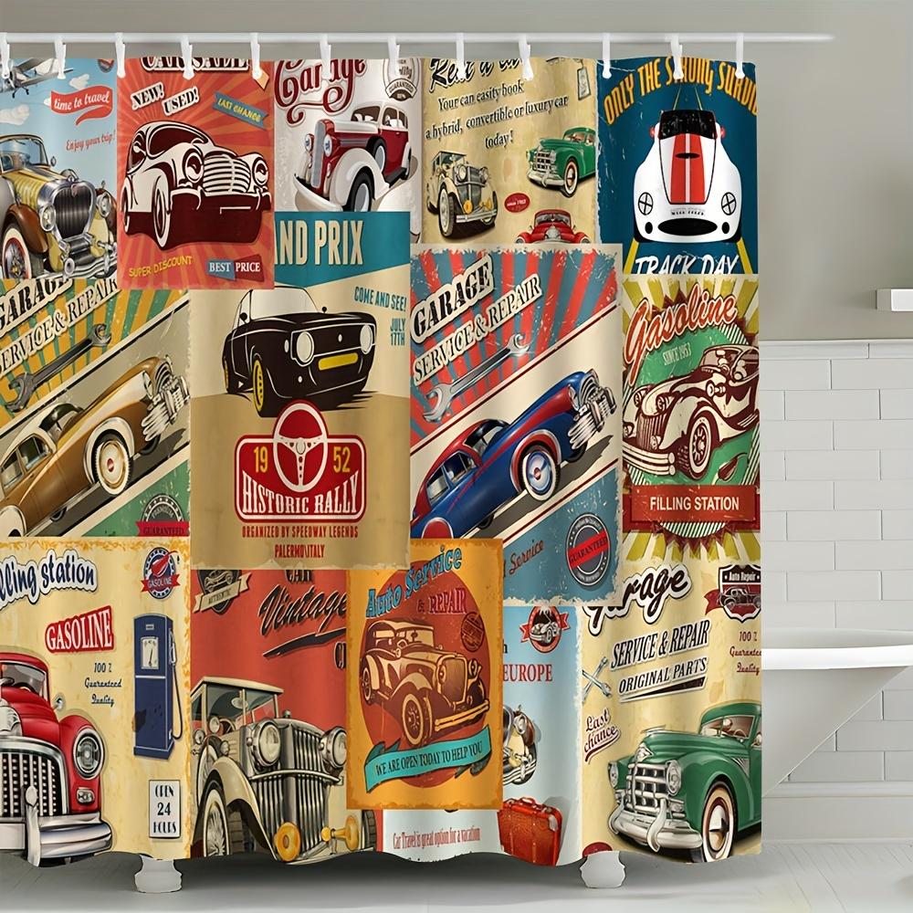 

Vintage Cartoon Car Shower Curtain Retro Automobile Theme Bathroom Decor Fabric Panel With Hooks Washable Home Accessory W60H190(CM)-1 Pcs