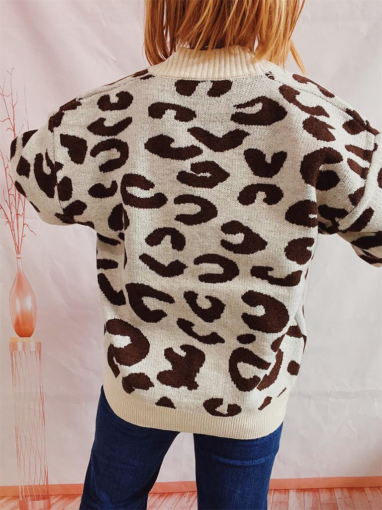 Autumn and Winter New Loose Casual Leopard Print Single Breasted Long Sleeved V-neck Knitted Sweater Jacket 3539 KTB