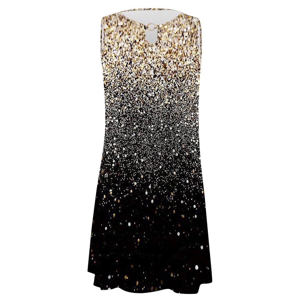 Women Casual Summer Printed Tank Sleeveless Dress Hollow Out Loose Beach Dress