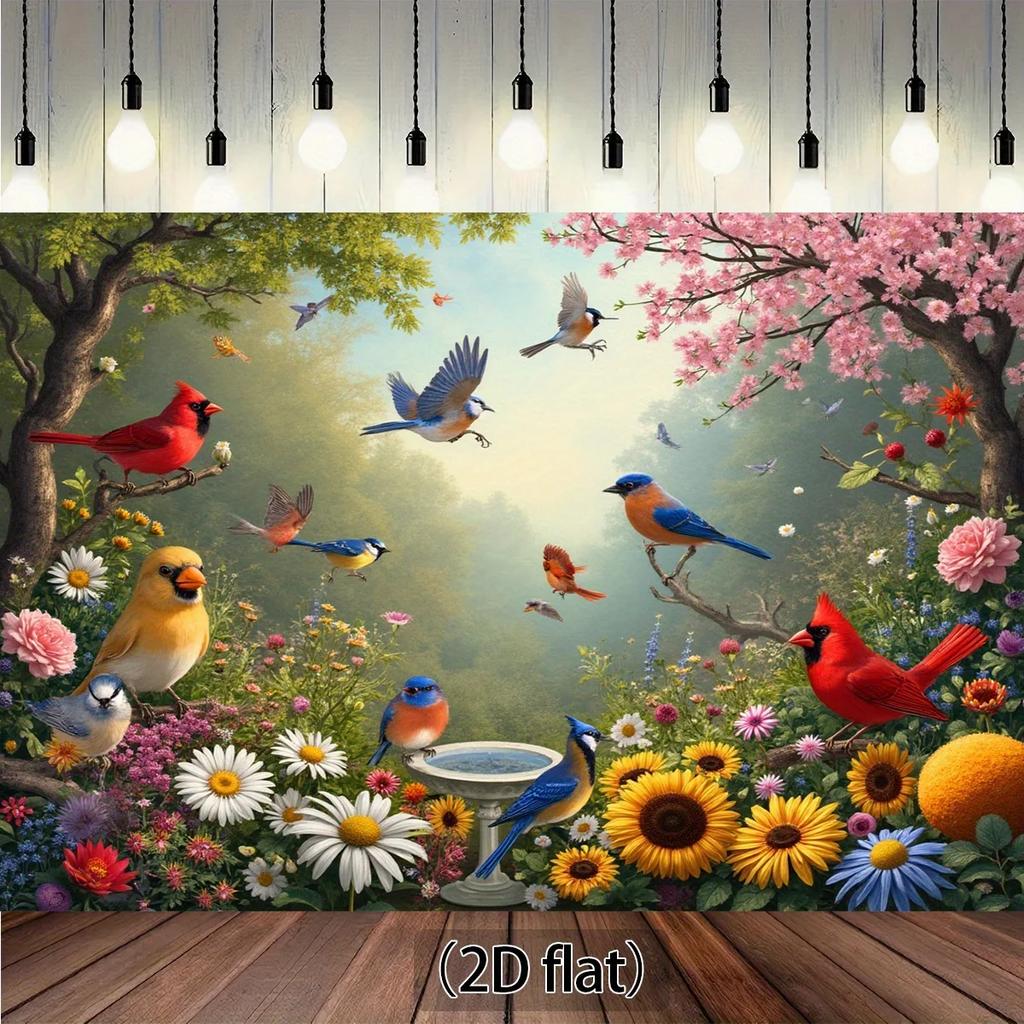 2D plane 1 piece - Spring Garden Birds and Flowers - Birds on the branches and blooming flowers