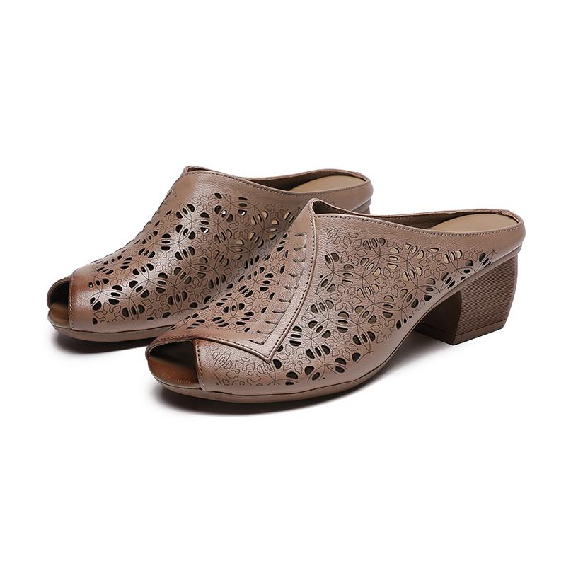 

Fashion GKTINOO 2025 Summer Hollow Breathable Slippers Genuine Leather Thick Heels Women s Shoes Retro Peep Toe Slides 5