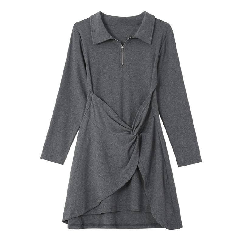 Women's Irregular Polo Collar Zipper Bodycon Dress - Spring/Autumn Fashion Chic Short Sleeve Skirt