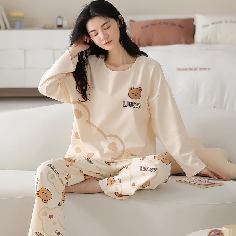 Women's Pure Cotton Long Sleeve Pajamas with Built-in Bra Pads - Cozy for Autumn/Winter, Casual Home Wear, and Suitable for Outdoors.