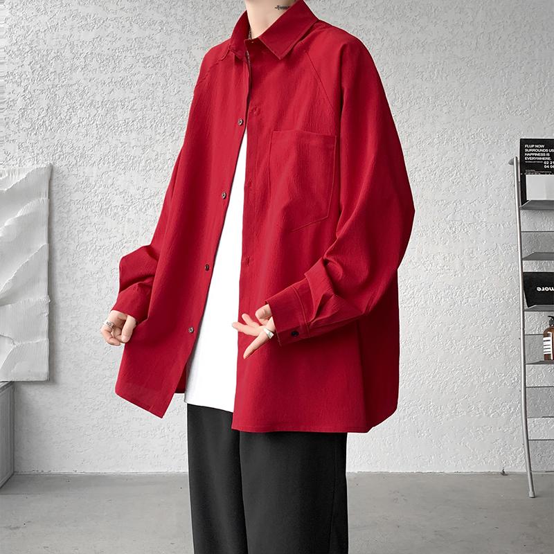 2025 Herbst Herren Retro Einfarbiges Hemd Herren Japanisches Harajuku Casual Hemd Herren Umlegekragen Button-Up Hemd Vintage Oberteile