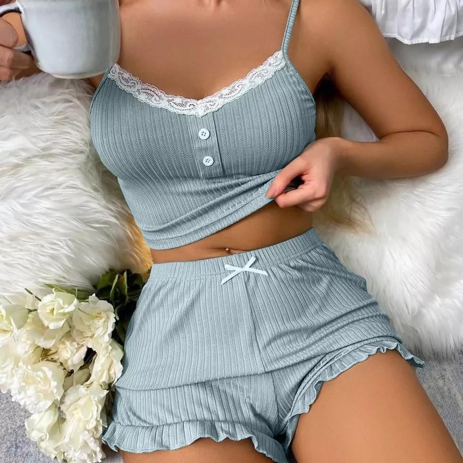 European & American Sexy Lace Pajama Set - Casual Summer Camisole with Ruffle Shorts