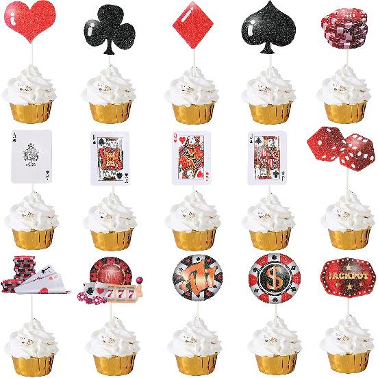 32pcs Casino Cupcake Toppers Casino Poker Theme Party Decorations for Las Vegas Casino Night Poker Events Birthday Supplies