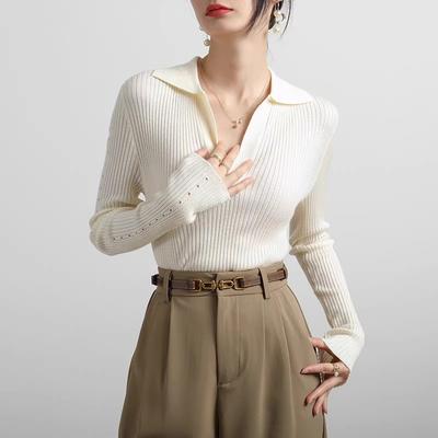 Ladies Autumn Winter Long Sleeve Polo Collar Casual Basic Solid Color Pullover Knitted T Shirt Top for Layering