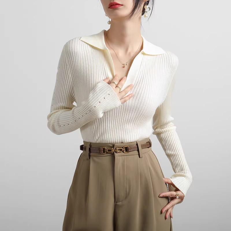 Ladies Autumn Winter Long Sleeve Polo Collar Casual Basic Solid Color Pullover Knitted T Shirt Top for Layering one size