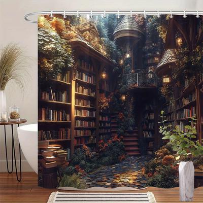 Enchanting Library Shower Curtain, Spiral Staircase & Bookshelves, Magical Autumn, Polyester,12 Hooks, Perfect for Book Lovers