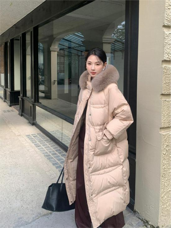 Longue Doudoune à Capuche pour Femme avec Fourrure de Renard Véritable, 90% Duvet de Canard Blanc, Longueur au-Dessus du Genou, Épaisse et Chaude