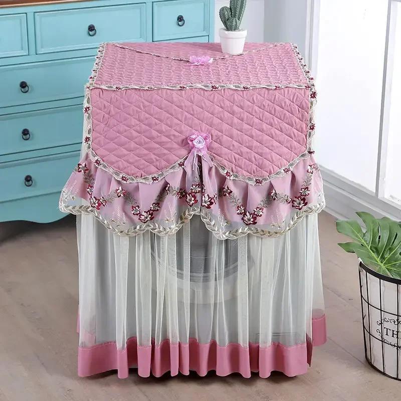 Washing Machine Cover Universal Washing Machine Cover with Roller and Wave Wheel Upflip Washing Machine Dustproof Lace Cover