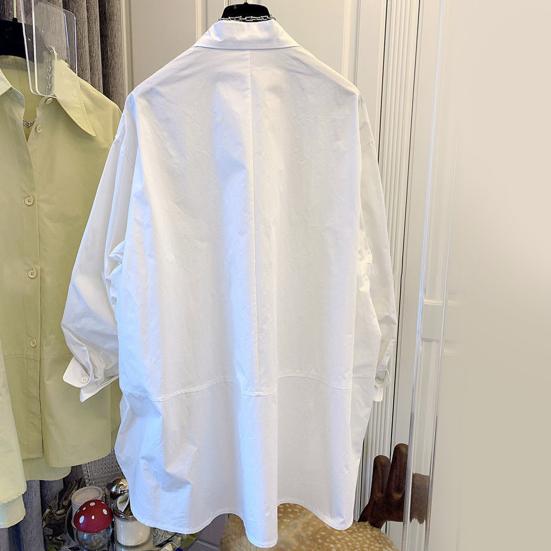 Women's Shirt Cotton Long Sleeve Loose Fit Blouse Solid Color Pointed Lapel Collar