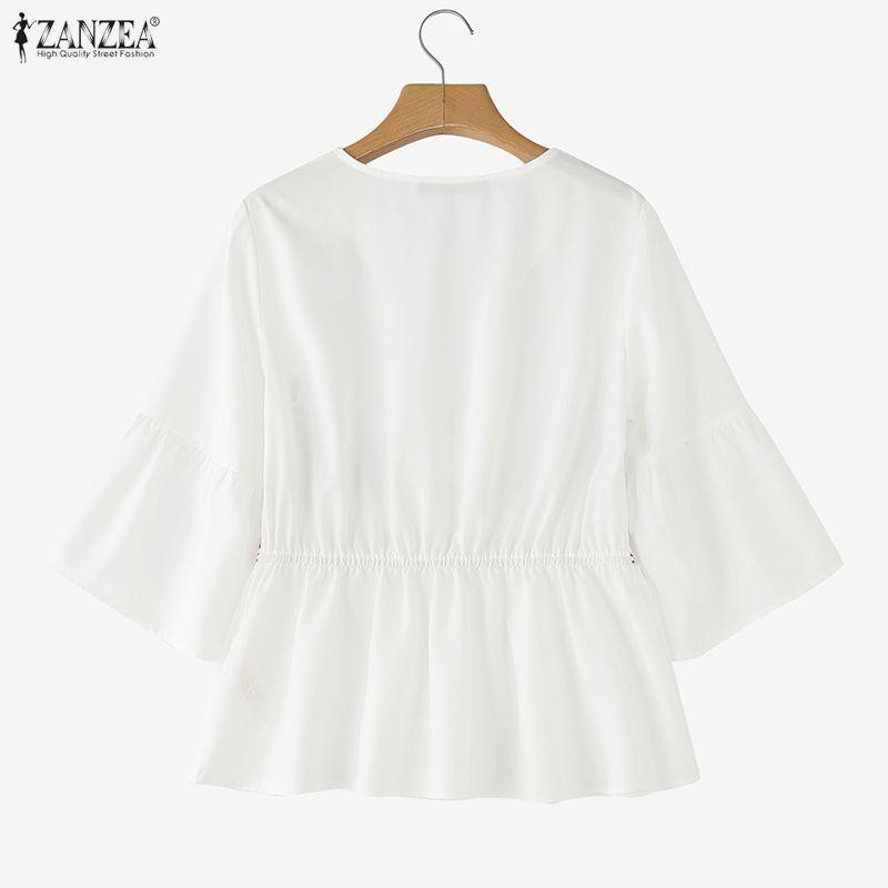 ZANZEA Damska bluzka z okrągłym dekoltem, luźna, z rękawami 3/4, z falbanami i kwiatowym nadrukiem