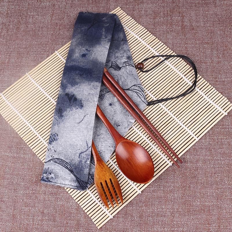 Japanese Style Portable Cutlery Set: Wooden Chopsticks, Fork, Spoon with Binding Wire and Cloth Bag for Outdoor Travel
