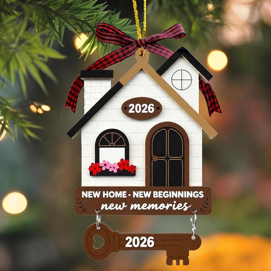 New Home Housewarming Gifts 2026 - Rustic Wood House Ornament with Key Charm & Buffalo Plaid Bow - 3.9" Closing Gift, Present for Homeowners Moving