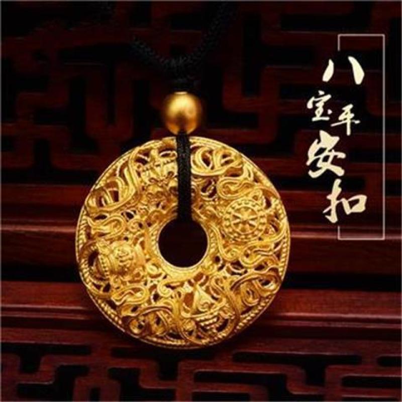 Gold Color Necklace with Ancient Buddhist Eight Treasures and Safe Buckle Pendant for Men and Women