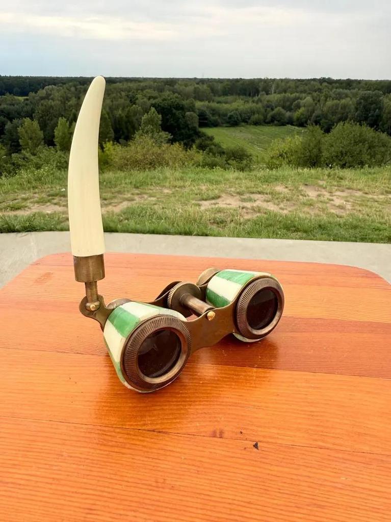 Vintage Green Opera Glasses with Leather Case – Brass & Enamel Binoculars