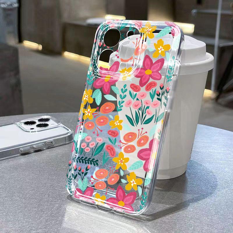 Pink Flower & Leaf Design Phone Case For iPhone 17 16 Pro Max 15 Pro 14 Plus 13 12 11 X XS XR 7 8 Plus 16E 17Air TPU Clear Cover
