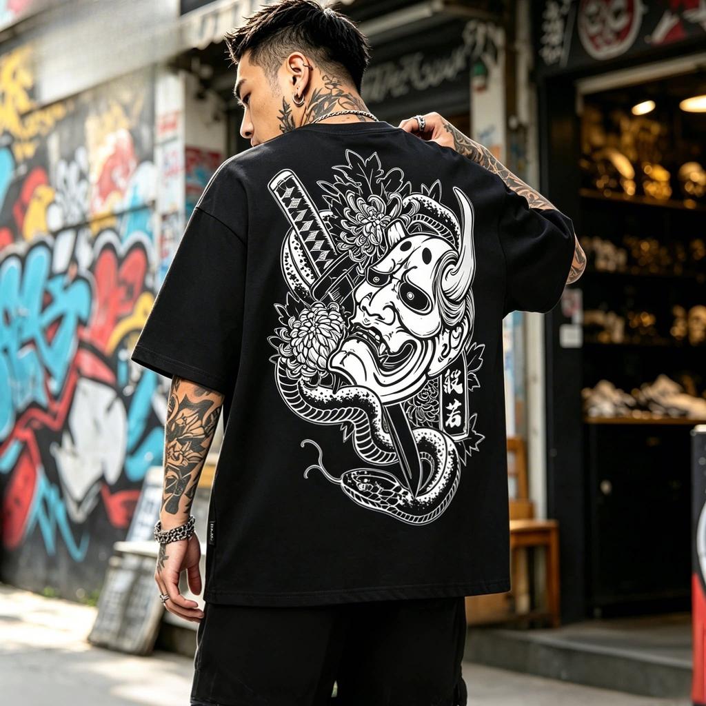 Tide Brand Tattoo Artist Prajna Tshirt Print Heavy Short Sleeve Men Black Loose Fall Shoulder Country Tide Day Department