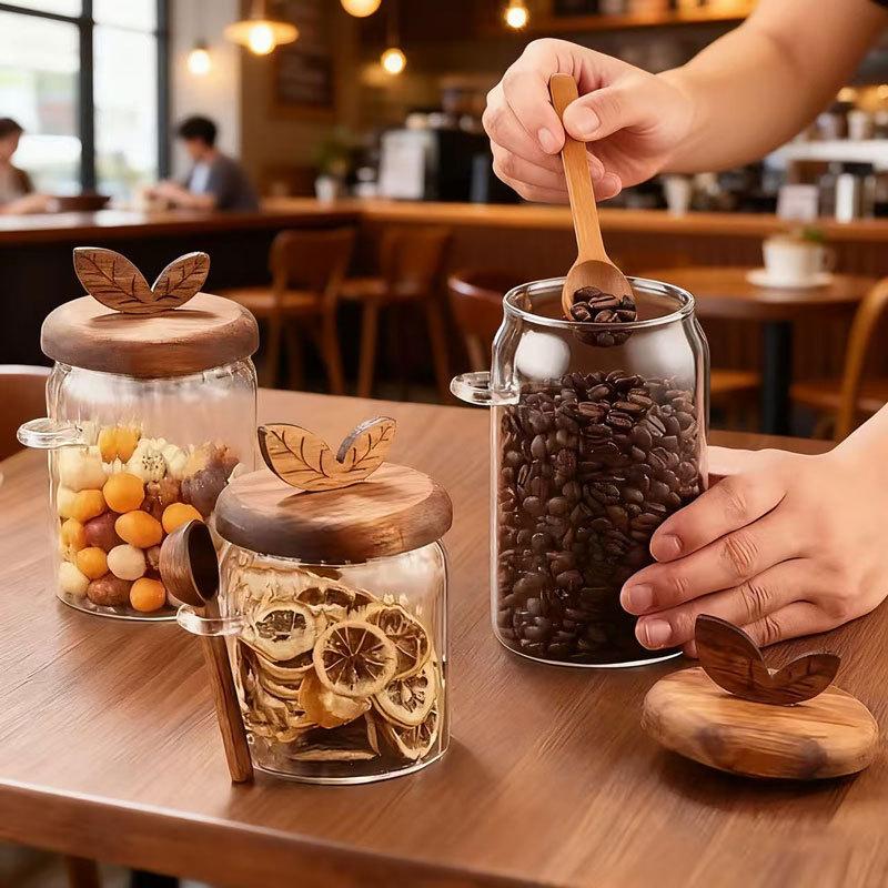 Home Kitchen Transparent Glass Sealed Jar With Spoon Leaf Wooden Lid Coffee Bean Moisture Proof Spice Storage Container