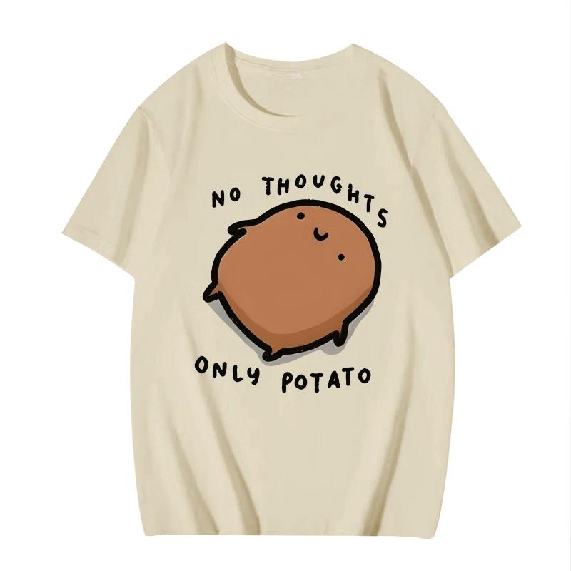 Cute Potato Graphic "No Thoughts Only Potato" Cartoon Print T Shirt Women Top Short Sleeve Summer Clothing