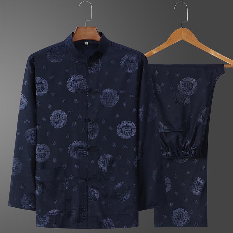 Men's Retro Ice Silk Long-Sleeved Tang Suit for Spring/Summer - Middle-Aged & Elderly Hanfu Tai Chi Outfit